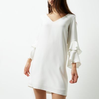 Cream double frill sleeve dress